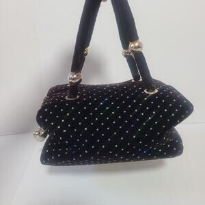 Vintage Black Velvet Rhinestone Evening Handbag w Gold Ball Accent 1960's Style